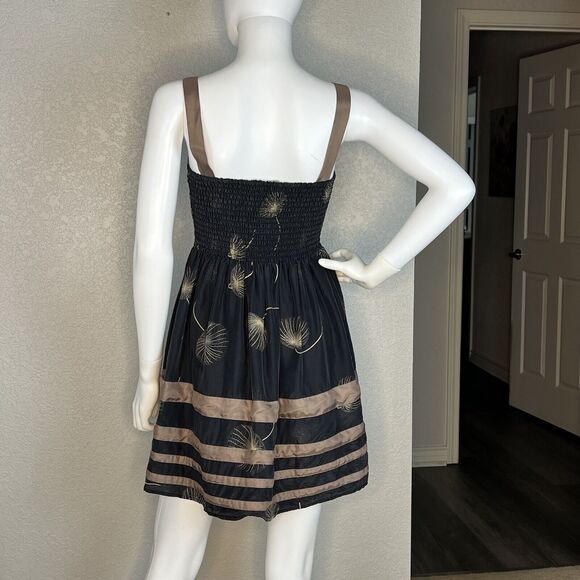 Anthropologie Burlapp Sz 2 Fit Flare 100% Silk Smocked Back Dress Black Beige - Picture 3 of 7